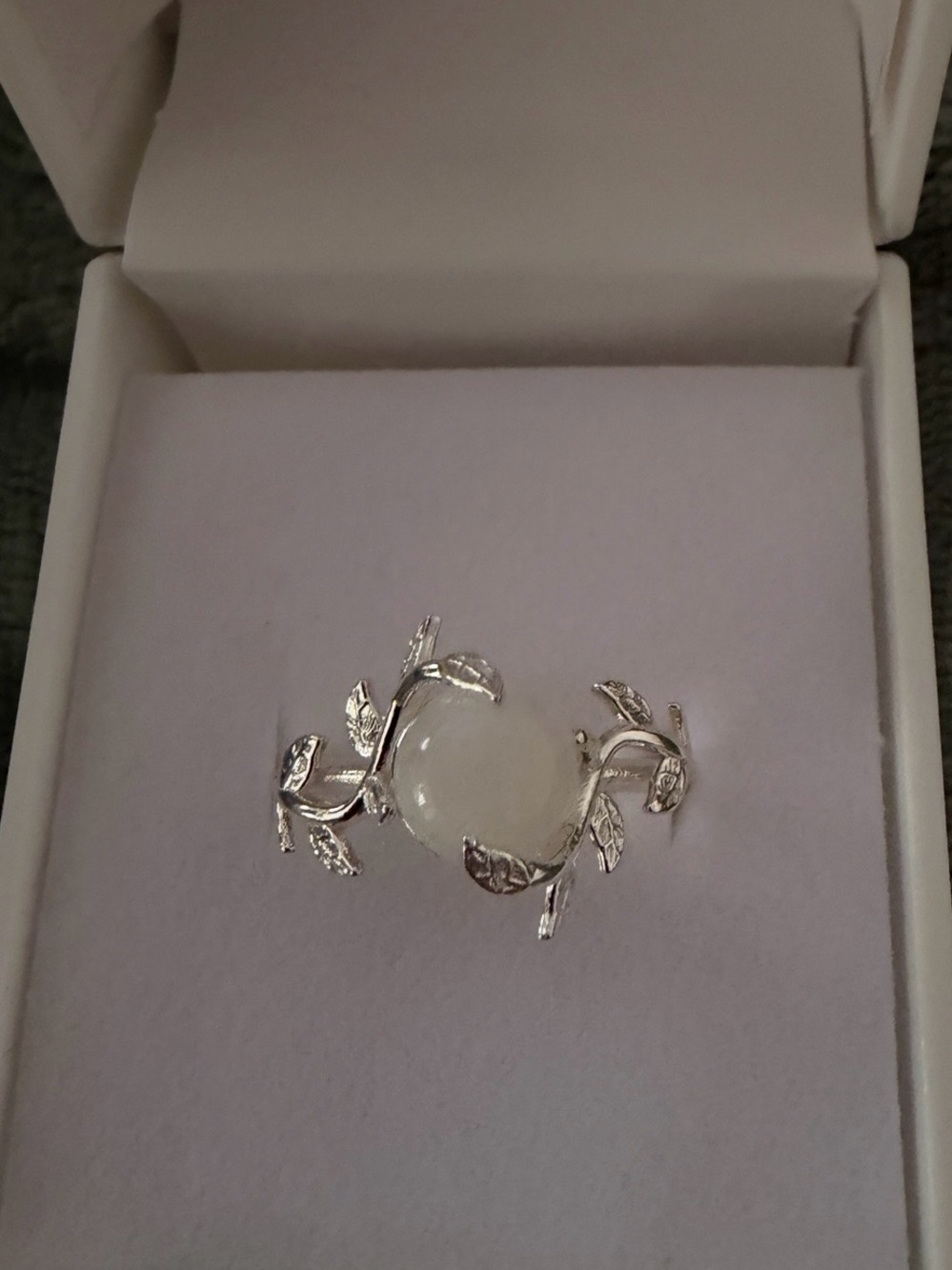 Silver Leaf Branch Ring with White Moonstone